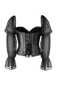 Top Drawer Black Faux Leather Steel Boned Corset w/Sleeves (size: large)