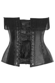 Top Drawer Black Faux Leather Steel Boned Overbust Corset w/Fringe (size: large)