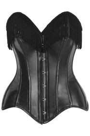 Top Drawer Black Faux Leather Steel Boned Overbust Corset w/Fringe (size: small)