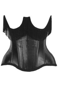 Top Drawer Black Faux Leather Steel Boned Underbust Corset w/Fringe (size: large)