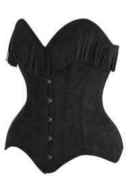 Top Drawer Black Suede Steel Boned Overbust Corset w/Fringe (size: 6X)