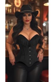 Top Drawer Black Suede Steel Boned Overbust Corset w/Fringe (size: 3X)