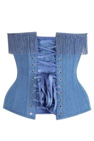 Top Drawer Blue Denim Steel Boned Overbust Corset w/Fringe (size: 5X)