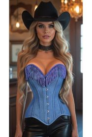 Top Drawer Blue Denim Steel Boned Overbust Corset w/Fringe (size: XSmall)
