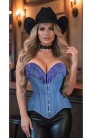 Top Drawer Blue Denim Steel Boned Overbust Corset w/Fringe (size: large)