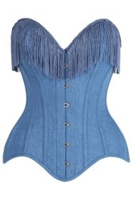 Top Drawer Blue Denim Steel Boned Overbust Corset w/Fringe (size: 3X)