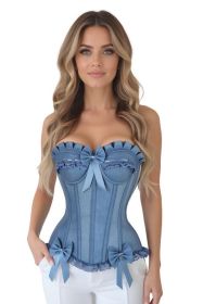 Top Drawer Blue Denim Underwire Steel Boned Burlesque Corset w/Bows (size: 3X)