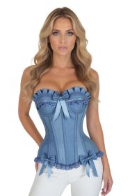 Top Drawer Blue Denim Underwire Steel Boned Burlesque Corset w/Bows (size: 2X)