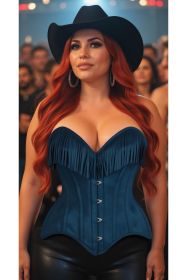 Top Drawer Blue Suede Steel Boned Overbust Corset w/Fringe (size: XLarge)