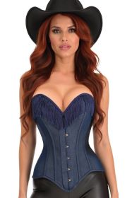 Top Drawer Dark Blue Denim Steel Boned Overbust Corset w/Fringe (size: 3X)