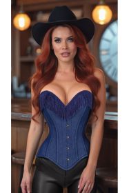 Top Drawer Dark Blue Denim Steel Boned Overbust Corset w/Fringe (size: XLarge)