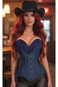 Top Drawer Dark Blue Denim Steel Boned Overbust Corset w/Fringe (size: XSmall)
