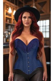 Top Drawer Dark Blue Denim Steel Boned Overbust Corset w/Fringe (size: 2X)