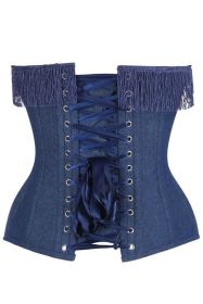 Top Drawer Dark Blue Denim Steel Boned Overbust Corset w/Fringe (size: 6X)
