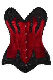 Top Drawer Dark Red Velvet & Beaded Steel Boned Overbust Corset (size: medium)