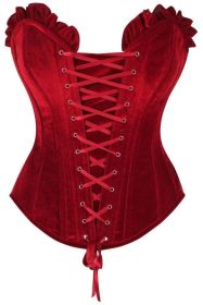 Top Drawer Dark Red Velvet Lace-Up Steel Boned Overbust Corset (size: small)