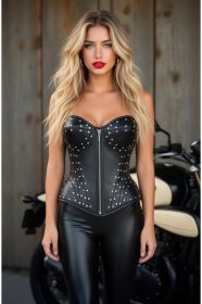 Top Drawer Faux Leather w/Rivets Steel Boned Underwire Bustier Corset Top (size: small)