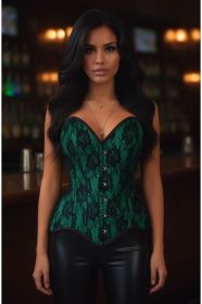 Top Drawer Green Satin w/Black Lace Overlay Steel Boned Overbust Corset (size: small)
