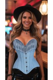 Top Drawer Light Blue Denim Steel Boned Overbust Corset w/Fringe (size: 3X)