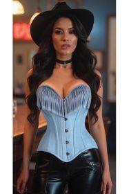 Top Drawer Light Blue Denim Steel Boned Overbust Corset w/Fringe (size: XLarge)