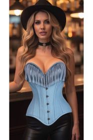 Top Drawer Light Blue Denim Steel Boned Overbust Corset w/Fringe (size: large)