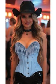 Top Drawer Light Blue Denim Steel Boned Overbust Corset w/Fringe (size: 2X)