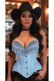 Top Drawer Light Blue Denim Steel Boned Overbust Corset w/Fringe (size: 6X)