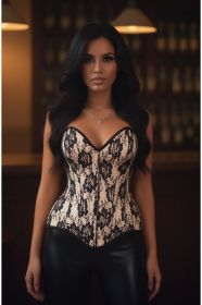 Top Drawer Nude Satin w/Black Lace Overlay Steel Boned Overbust Corset (size: small)