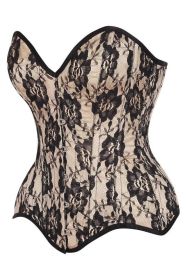 Top Drawer Nude Satin w/Black Lace Overlay Steel Boned Overbust Corset (size: large)