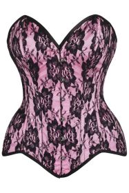 Top Drawer Pink Satin w/Black Lace Overlay Steel Boned Overbust Corset (size: medium)