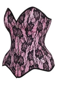 Top Drawer Pink Satin w/Black Lace Overlay Steel Boned Overbust Corset (size: large)