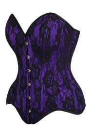 Top Drawer Purple Satin w/Black Lace Overlay Steel Boned Overbust Corset (size: large)