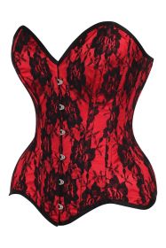 Top Drawer Red Satin w/Black Lace Overlay Steel Boned Overbust Corset (size: large)
