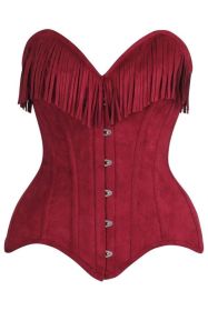 Top Drawer Red Suede Steel Boned Overbust Corset w/Fringe (size: 3X)