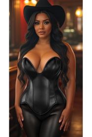 Top Drawer Steel Boned Black Faux Leather Plunge Neckline Overbust Corset (size: 2X)