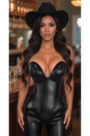 Top Drawer Steel Boned Black Faux Leather Plunge Neckline Overbust Corset (size: large)
