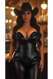 Top Drawer Steel Boned Black Faux Leather Plunge Neckline Overbust Corset (size: XLarge)