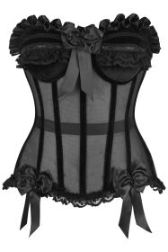 Top Drawer Steel Boned Black Mesh & Velvet Underwire Bustier Corset (size: small)