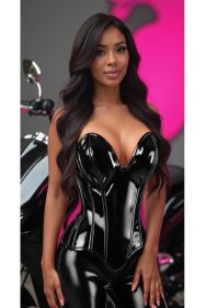 Top Drawer Steel Boned Black Patent Plunge Neckline Overbust Corset (size: medium)