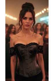 Top Drawer Steel Boned Black Satin Overbust Corset w/Sleeves (size: XLarge)