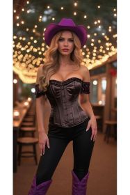 Top Drawer Steel Boned Black Satin Overbust Corset w/Sleeves (size: 2X)