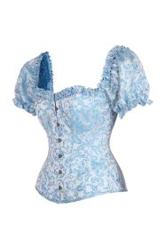 Top Drawer Steel Boned Blue Brocade Overbust Corset Top w/Sleeves (size: small)