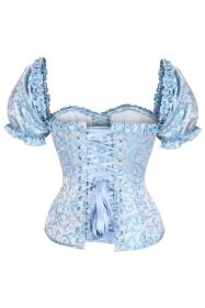 Top Drawer Steel Boned Blue Brocade Overbust Corset Top w/Sleeves (size: medium)