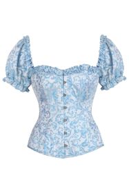 Top Drawer Steel Boned Blue Brocade Overbust Corset Top w/Sleeves (size: XSmall)
