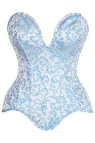 Top Drawer Steel Boned Blue Brocade Plunge Overbust Corset Top (size: XSmall)