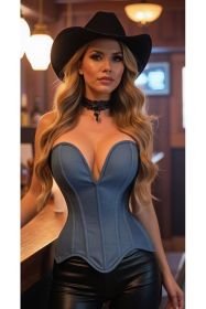 Top Drawer Steel Boned Blue Denim Plunge Neckline Overbust Corset (size: XLarge)
