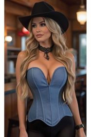 Top Drawer Steel Boned Blue Denim Plunge Neckline Overbust Corset (size: XSmall)