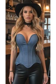 Top Drawer Steel Boned Blue Denim Plunge Neckline Overbust Corset (size: 2X)