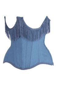 Top Drawer Steel Boned Blue Denim Underwire Underbust Corset Cincher w/Fringe (size: 4X)