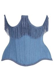 Top Drawer Steel Boned Blue Denim Underwire Underbust Corset Cincher w/Fringe (size: 3X)